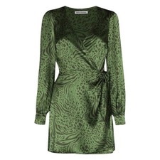 Reformation Kenna Green Silk Leopard Wrap Mini Dress M Long Sleeve Wedding Guest