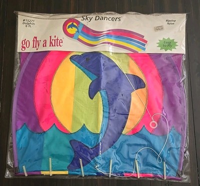 Vintage Go Fly a Kite Sky Dancers Dolphin 6ft Ripstop Nylon Kite w/ Tail Vibrant