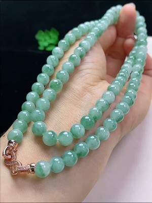 Genuine Icy Translucent Green Jadeite Jade 7.3mm/Bead Necklace Certified Grade A