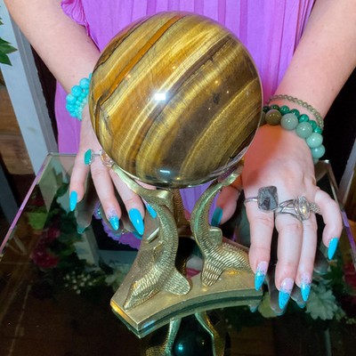 Tigers Eye Crystal 3 Lb. 4 oz. Ball ~ 4'' Wide Sphere ~ Swirling Sparkling Golde