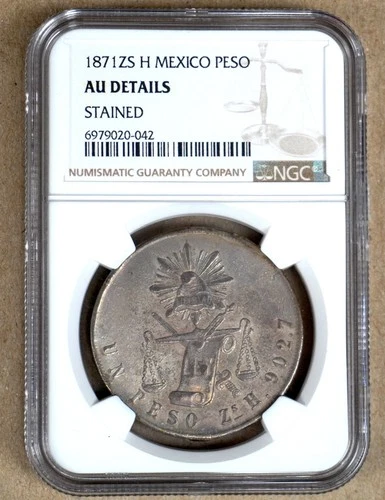 MEXICO 1871 ZS H SILVER PESO NGC AU DETAILS, STAINED 020042