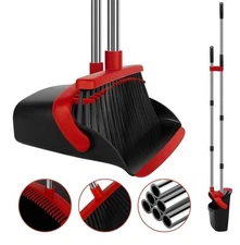 Broom and Dustpan Set, 55 Inch Long Stainless-Steel Handle, Red And Black  (Z)