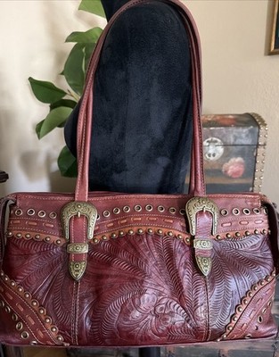 American West Cordovan Burgundy Brown Tooled Southwest Handbag Vintage Cowgirl
