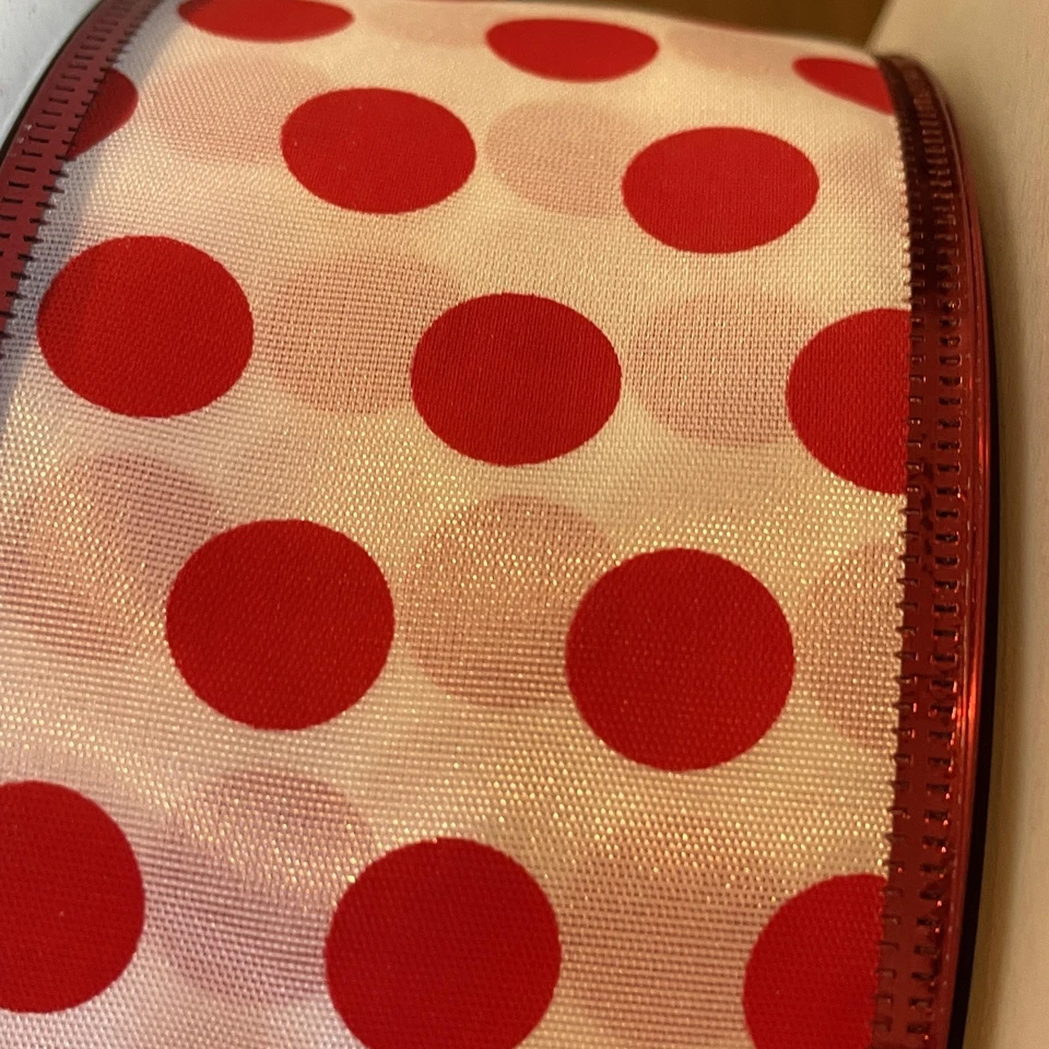 Christmas Craft Ribbon Lot 2.5 Inch Wired Red White Polka Dot Mesh Glitter - Image 3 of 4