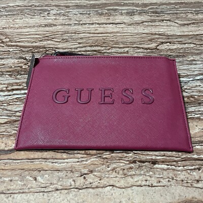 Guess Clutch Wristlet Wallet Large Burgundy/Maroon Logo Saffiano Leather Wallet