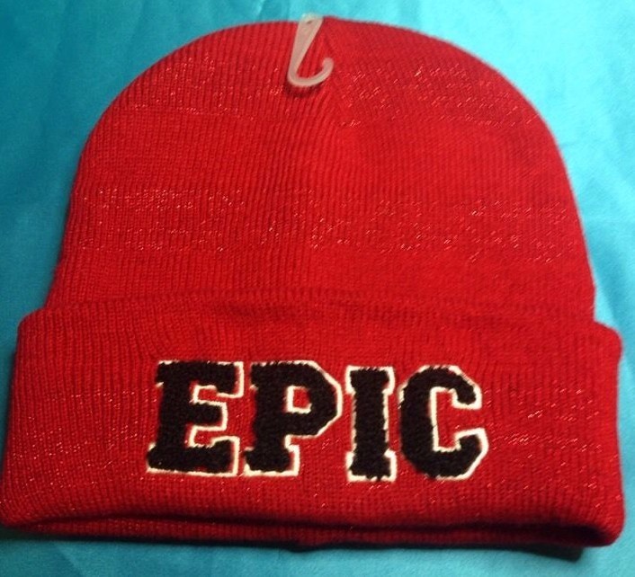 New Claire's Sparkly Red Knit Stocking Cap Hat Beanie Black "Epic" Front New!