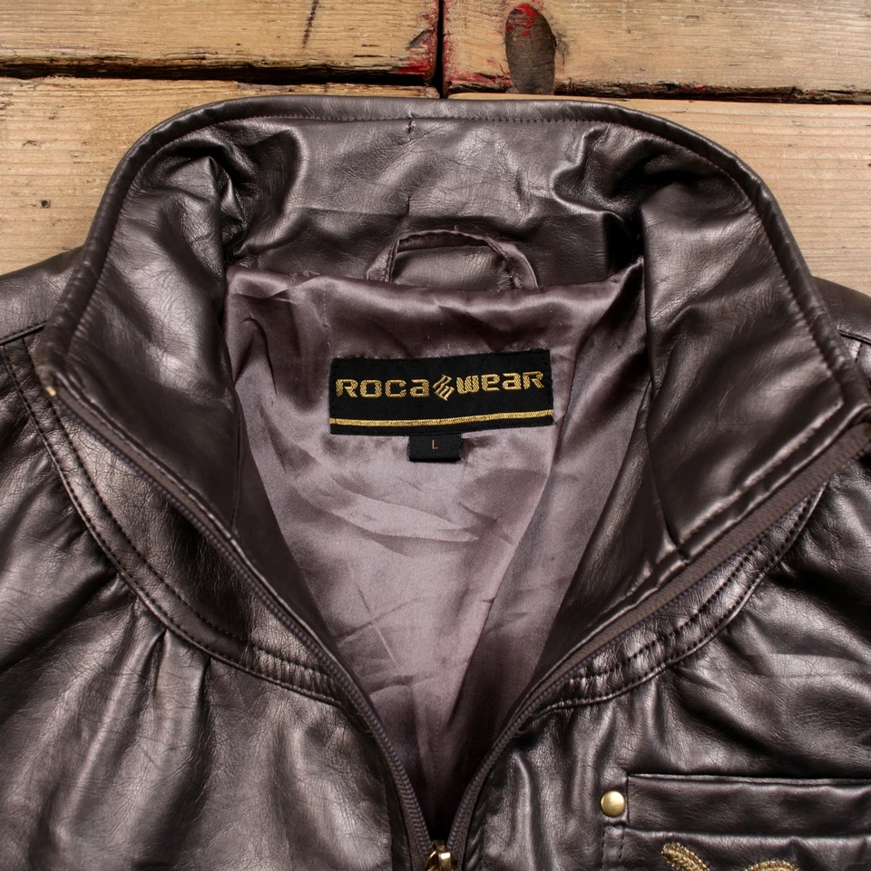 Chaqueta de cuero vintage Roca Wear L bombardero gris holográfico para mujer Foto 3 de 4