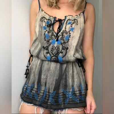 Free People Y2K El Ray Watercolor Mini Tunic Dress 4 Gray Blue Embroidered Boho