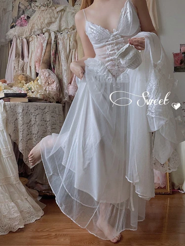 Mujeres Princesa Francesa Ropa de Dormir Blanco EncajeHada Vestido de Noche Camisón Victoriano - Imagen 10 de 15