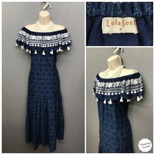 Lula Soul Navy Mix Boho Gypsy Embroidered Tasselled Peasant Dress Small