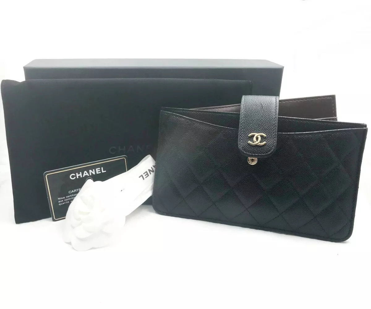 Chanel Black Caviar Skin Long Wallet Silver Metal Round Zipper 10cm x 19cm  x 2cm