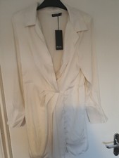 Nasty Gal Button Front Draped Neckline Mini Shirt Dress Ivory Size 12