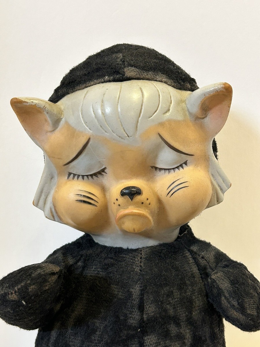 VINTAGE RUBBER FACE PLUSH BLACK CAT RARE BEAR POUTING