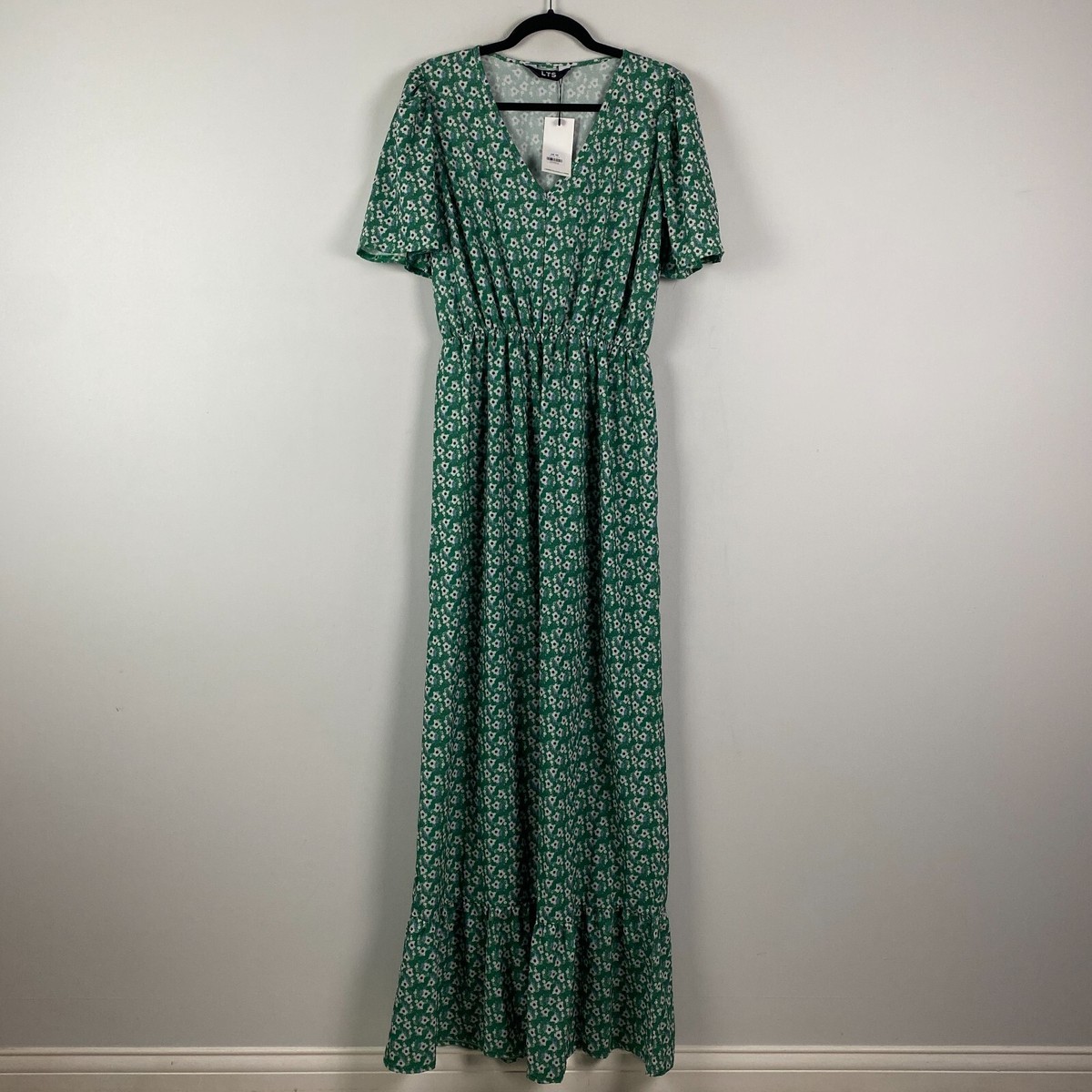Long Tall Sally LTS Green Floral Maxi Dress US Size 6 Short Sleeve Elastic  Waist | eBay