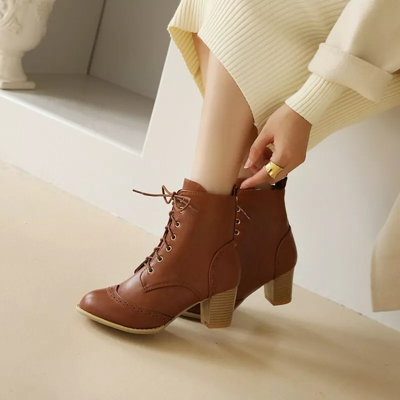 Women s Retro Ankle Boots Lace Up Chunky Heel Brogue Low Heels Round Toe Shoes