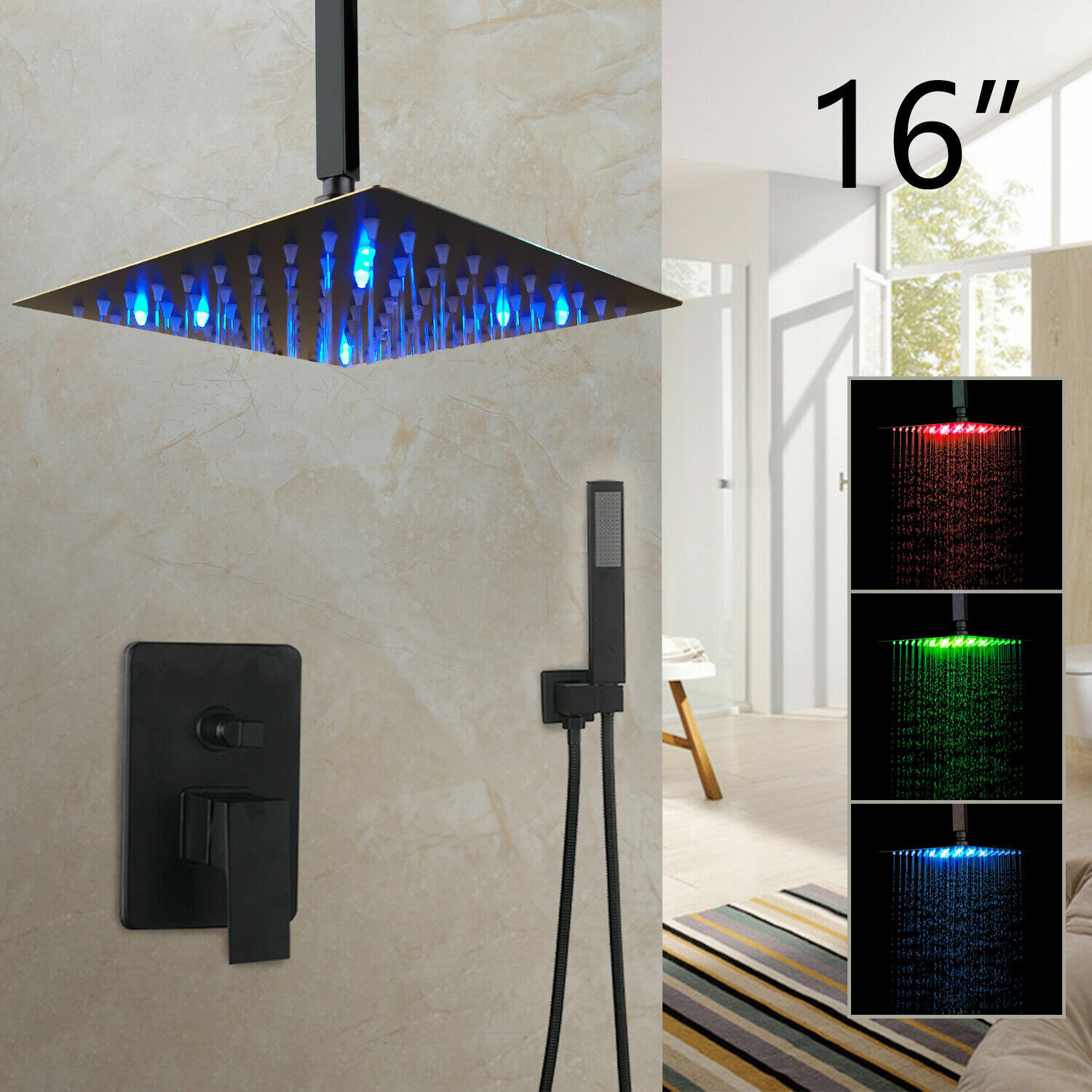 Juego de grifos de cabezal de ducha de lluvia cuadrado negro de 16" LED montaje en techo mezclador grifos de válvula