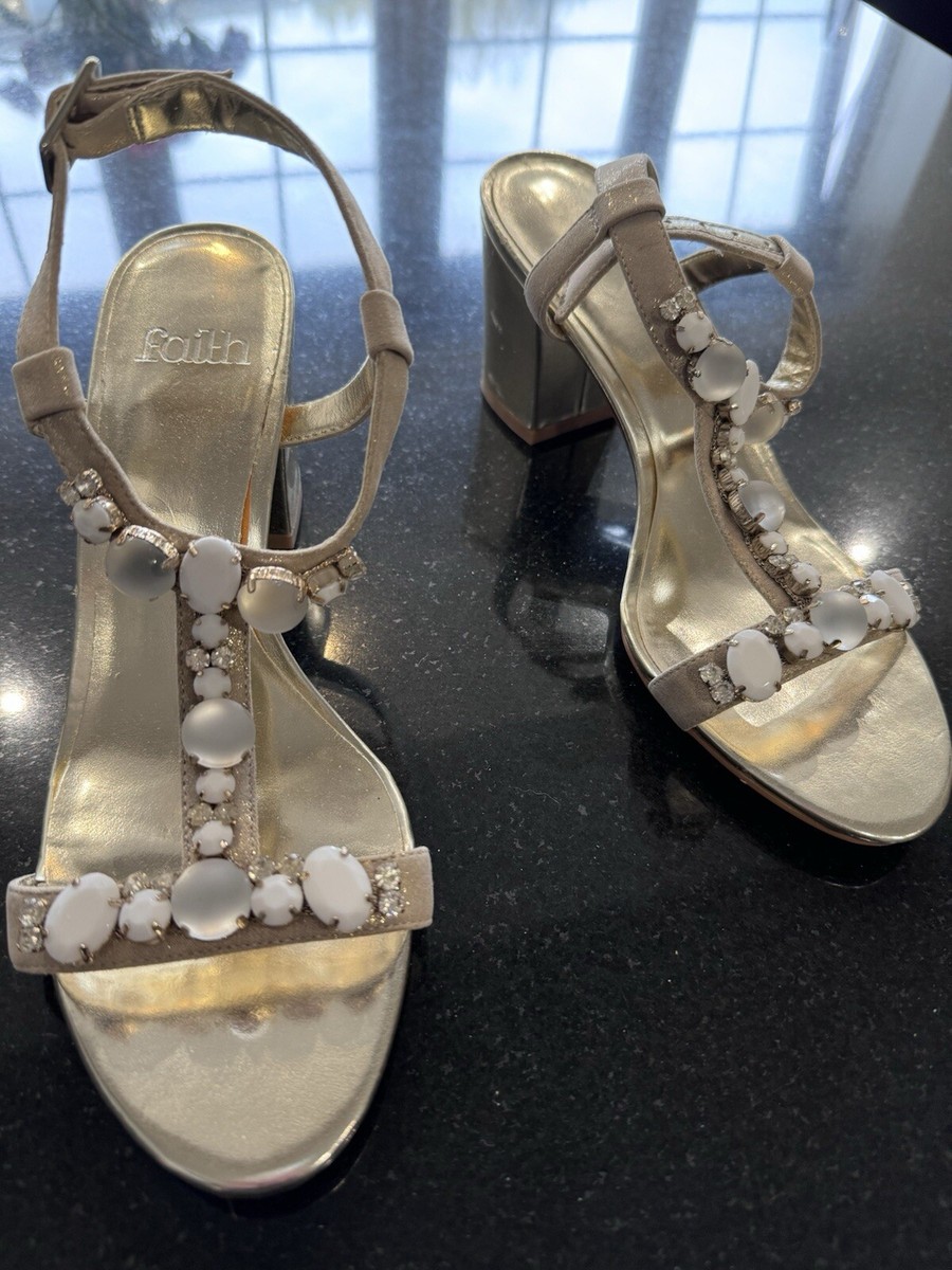 Strappy Gold Faith Shoes size with fabulous white, moonstone
