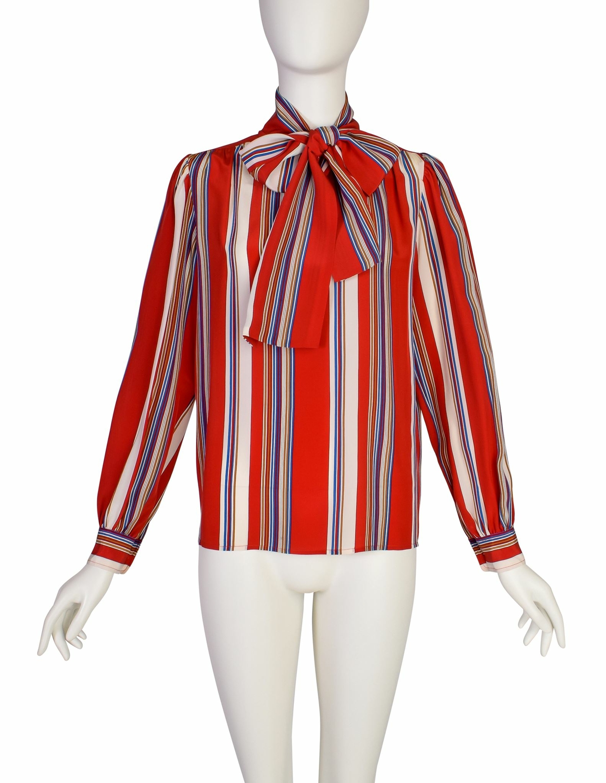 Camicia Yves Saint Laurent Vintage SS 1982 Rossa Multicolore Righe Seta Lavalliere