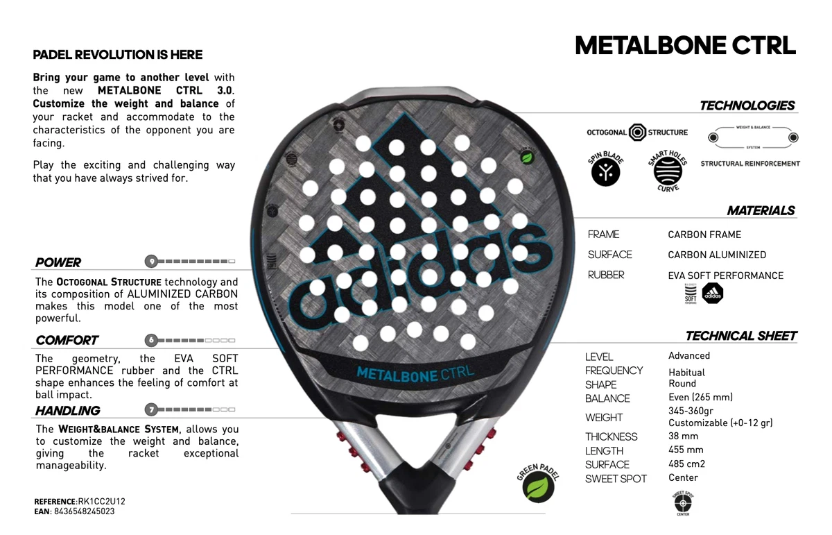 portátil Dedicar modelo Adidas Metalbone CTRL 3.0 Paddle Racket Pala de Padel Sweet spot | eBay