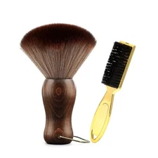 2pcs Gold Barber Neck Duster Brush Wood Handle + Mini Clipper Brush Color Soft