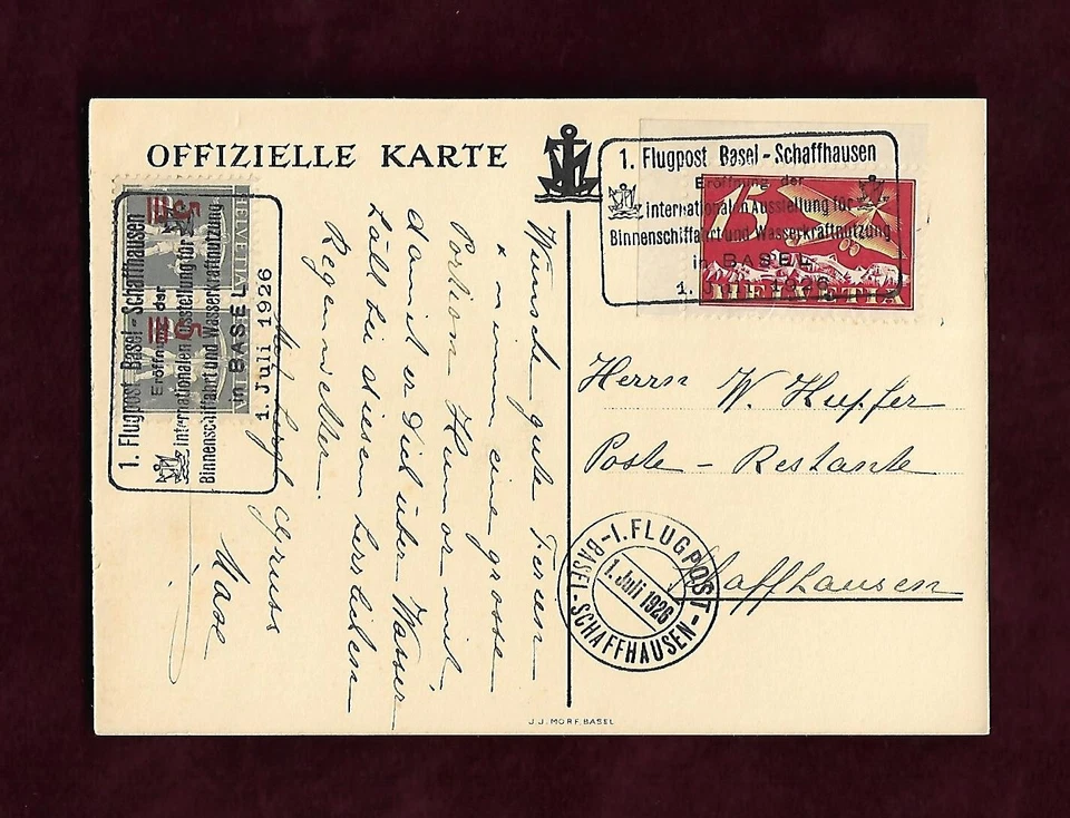 Offizielle Karte 1 Flugpost Basel Schaffhausen 1 Juli 1926 Int Ausstellun; 62086 - Bild 1 von 2