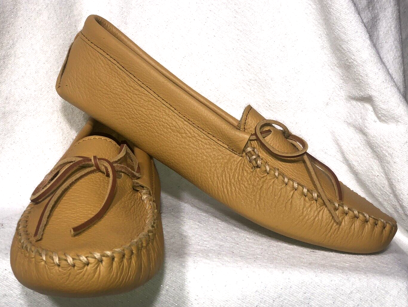 SAOLA Mocassini uomo doppia pelle di cervo Minnetonka suola morbida naturale taglia 12 nuovi con scatola