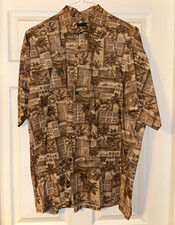 Pierre Cardin Men's XL Brown Beige Tropical Hawaiian Short Sleeve Cotton Shirt