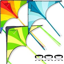 3 Packs Large Delta Kite Green, Blue and Rainbow, Easy to Fly for Kids with 262.