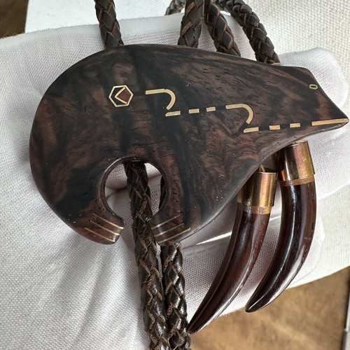 Incredible Vintage Brass Inlay Carved Western Wood Bolo Tie Artist Signed - Picture 1 of 13