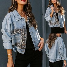 Women's Leopard Print Denim Jacket Oversized Patchwork Jean Coat UK