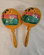 Hand Painted Wooden Maracas Made From Gourds Mexico Percussion Instrument