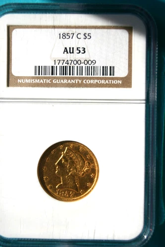 An 1857c $5 Liberty Half Eagle Gold Coin, Certified NGC AU53, Charlotte Mint