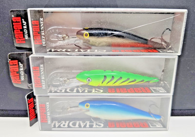 LOT OF 3 Rapala  SR09 Shad Rap  3 1/2 inch Deep Diving Crankbait  3 COLORS !