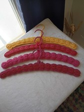 VTG Set Of 4 Handmade Crocheted Wooden Hangers Spring Colors 17"L Yarn Covered