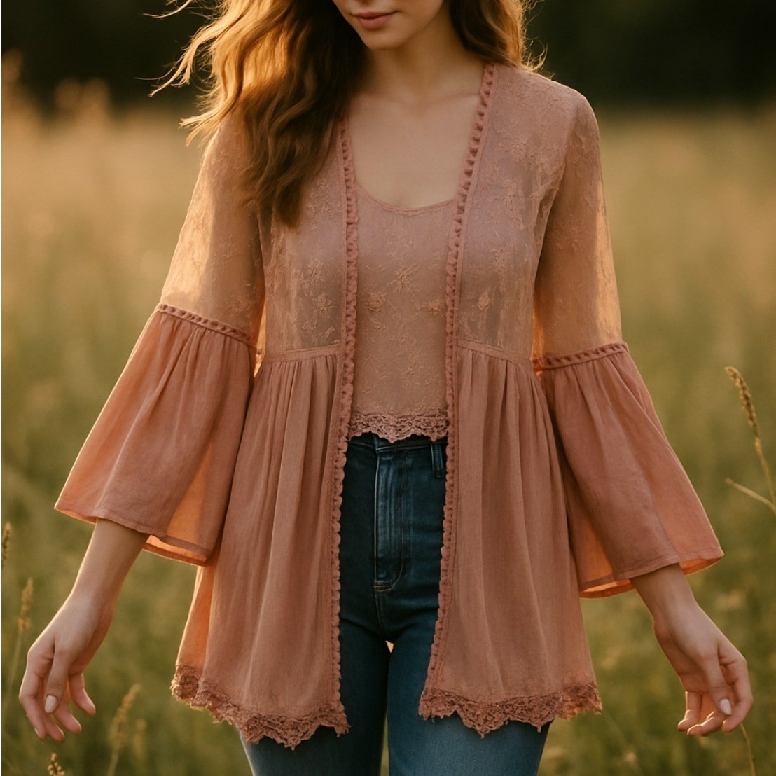 POL Boho Lace Duster Cardigan LARGE Pink Sheer Embroidered Romantic Festival