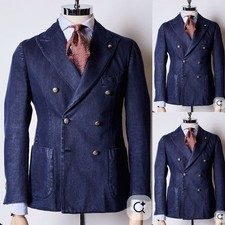 Vintage Blue Denim Men's Suit 2 Pieces Double Breasted Peak Lapel Business Wear