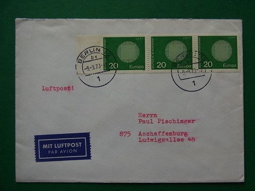 Luftpost Brief BRD Mi.-Nr. 620 Mehrfachfrankatur Berlin-Aschaffenburg - b11453