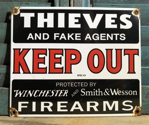 VINTAGE THIEVES KEEP OUT WINCHESTER SMITH WESSON GUN 10”PORCELAIN SIGN GAS OIL