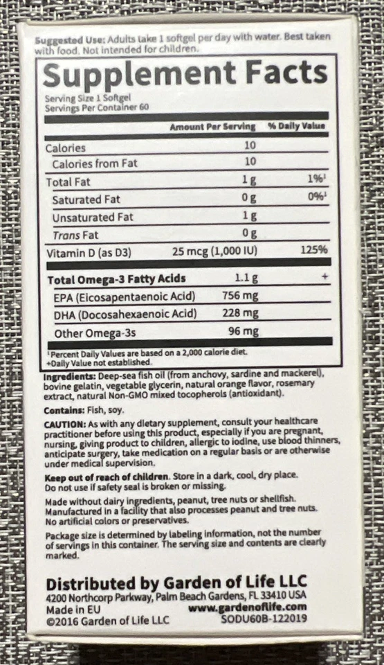 Garden of Life Once Daily Ultra Omega SuperCritical Omega-3 FishOil 60ct Ex11/25 Foto 2 de 4