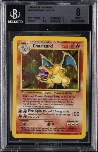 1999 POKEMON BASE SET UNLIMITED HOLO #4 CHARIZARD BGS 8