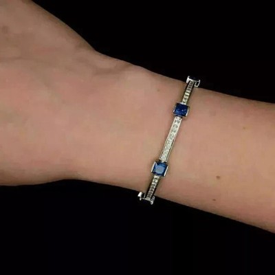 7Ct PrincessLab-create Sapphire 925 White Sterling Silver Dainty Tennis Bracelet