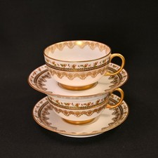 JPL Pouyat Limoges 2 Cups & Saucers Brown Acorns w/Gold 1900-1920 Hand Painted