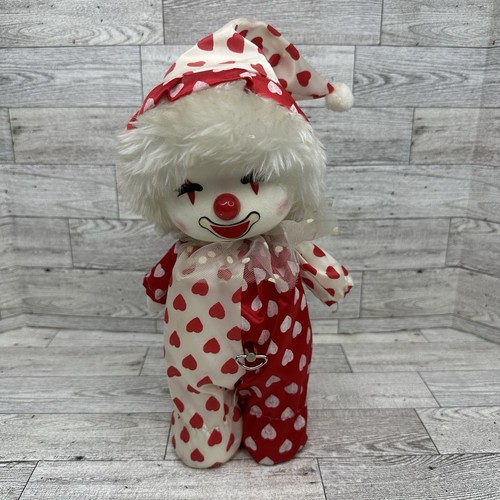 Vintage Poter Musical Wind Up Clown Doll w/ Moving Head Colorful Hearts Outfit