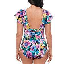 Swim Solutions Women's Garden Dreams Flutter-Sleeve One-Piece Swimsuit, Navy Mul