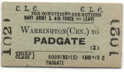 Cheshire Lines (CLC) Eisenbahnticket Warrington (Cen.) to Padage