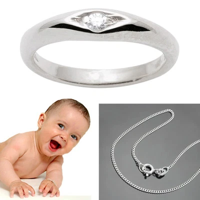 FACHHANDEL-DIREKT Baby Taufe Diamant 0,01 Taufring Weiß Gold 585 (14 KT) mit Kette Silber 925 Rhod