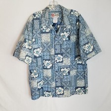 Hilo Hattie Blue Floral Button Front Hawaiian Shirt Mens Size Large P519