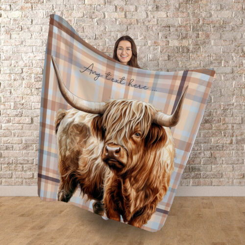 Personnalisé Highland Vache - Beige Tartan Polaire Couverture 150cm x 150cm - Photo 1/8