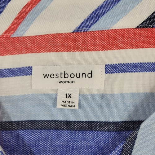 Westbound Womens Blouse Wood Buttons Tie Waist Red White Blue Black Stripe 1X - Picture 4 of 10
