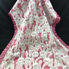 Baby Blanket Security Pink Bunnies Brushed Flannel Satin Trim 30 x 37